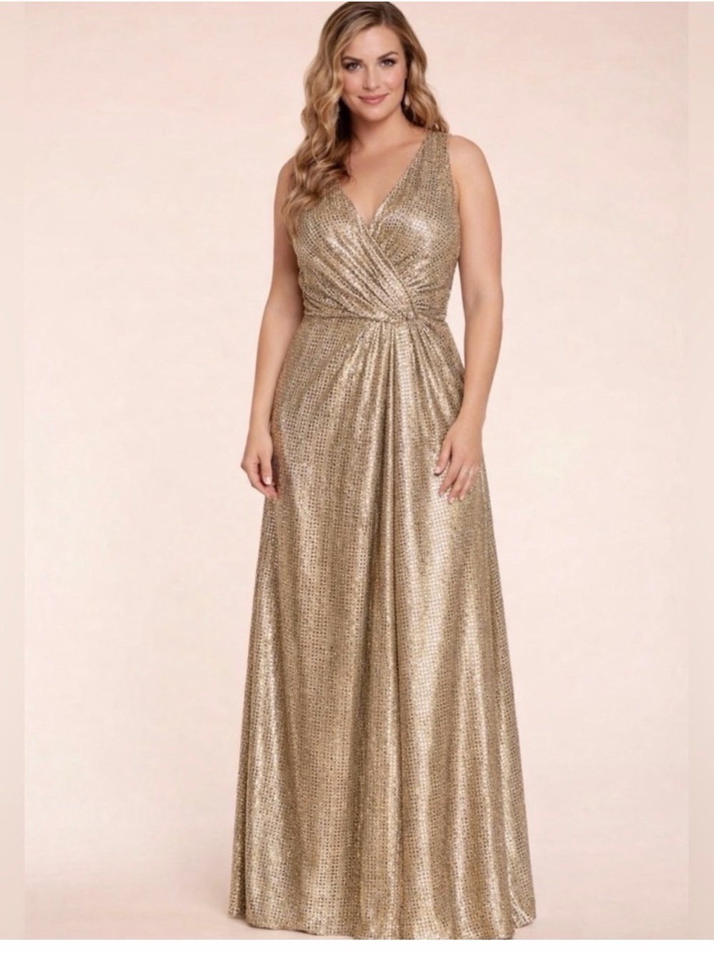 Hayley Paige Occasions Shimmering Gold Maxi Dress